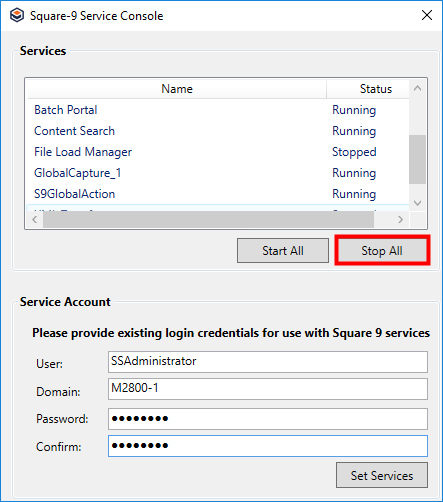 Stop Services in the Square 9 Services Console