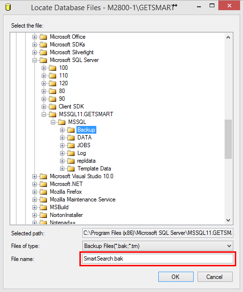 Backup Settings in Locate Database Files Window